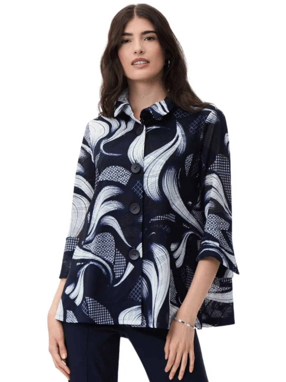 Joseph Ribkoff Womens Swing Jacket Size 8 Navy White Swirl Art to Wear Abstract